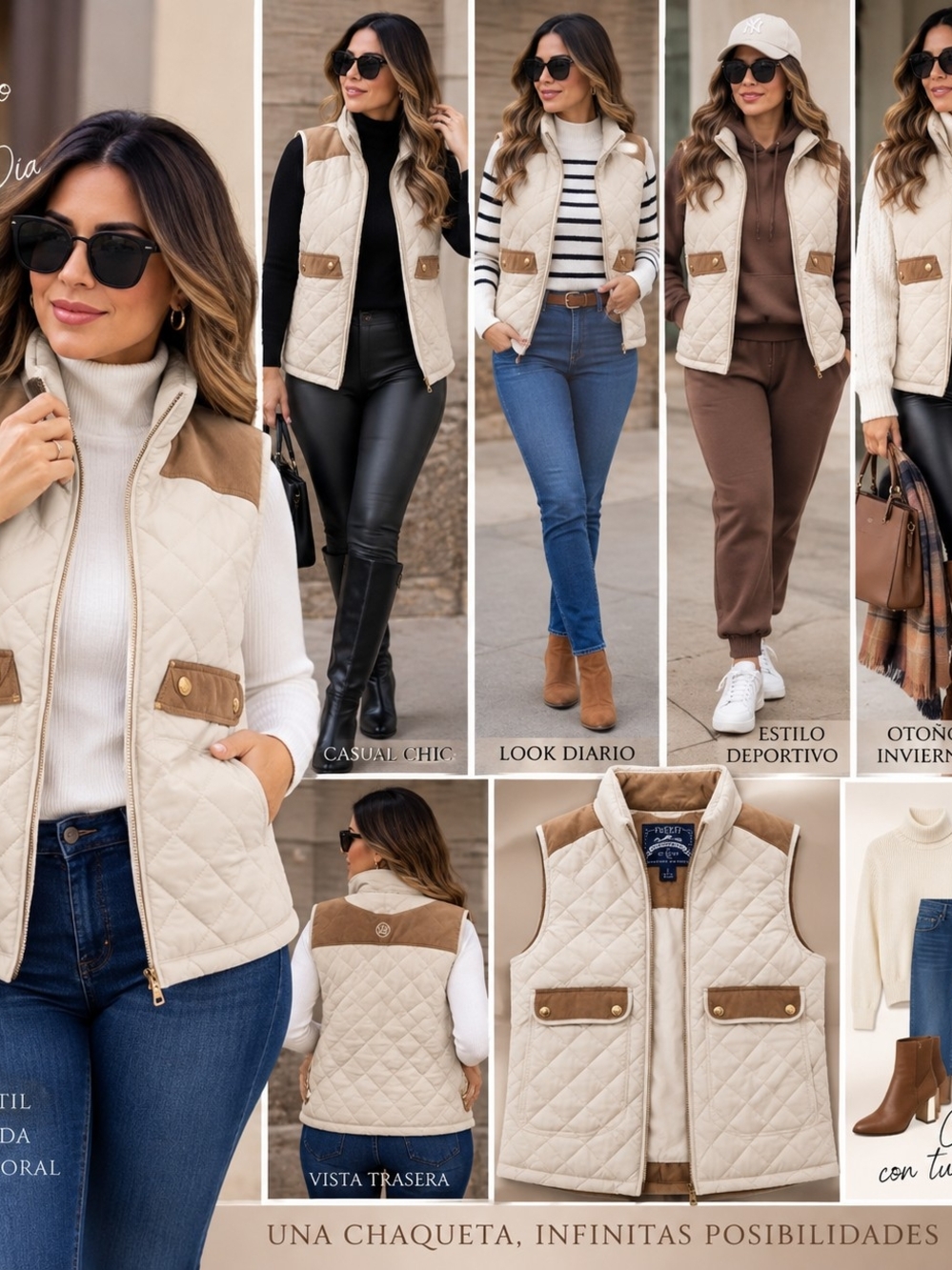 Lauren James Cream Quilted Vest with Tan Suede Trim